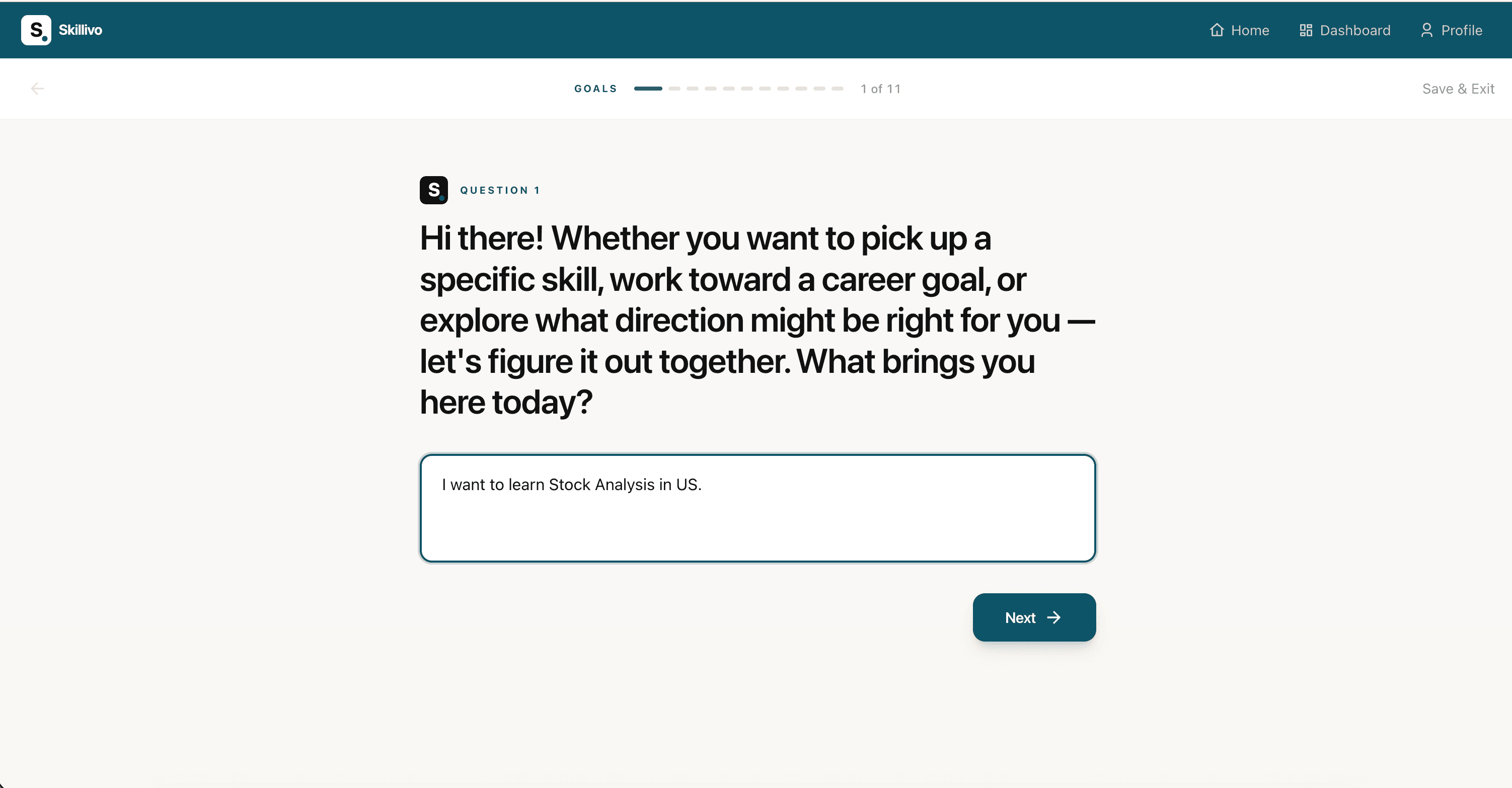 Screenshot of Skillivo's onboarding question asking what the learner wants to achieve